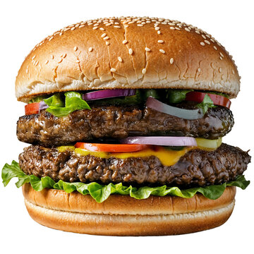 Double cheeseburger with a melted cheese slice between juicy patties. Topped with fresh lettuce, tomato, and onion rings. Sesame seed bun. Isolated food photo.