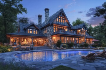 Obraz premium Beautiful stone mansion illuminated beside a pristine pool at dusk