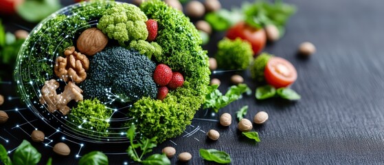 A vibrant arrangement of fresh broccoli, cauliflower, strawberries, walnuts, and leafy greens artfully presented with a subtle graphic overlay design