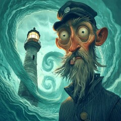 Cartoon sailor faces swirling seas near lighthouse.