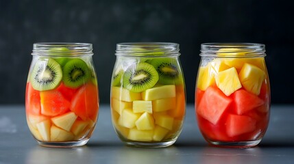 Colorful fruit jars filled with fresh tropical fruit slices