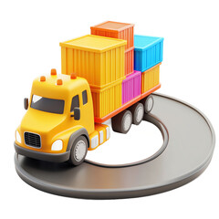 Naklejka premium 3D cute style on white background isolated png. Yellow Truck Carrying Colorful Cargo Containers on Circular Road