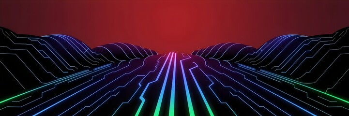 Glowing neon circuit lines flowing like a river in green and blue on red background – Suitable for tech, digital art, or futuristic design concepts.