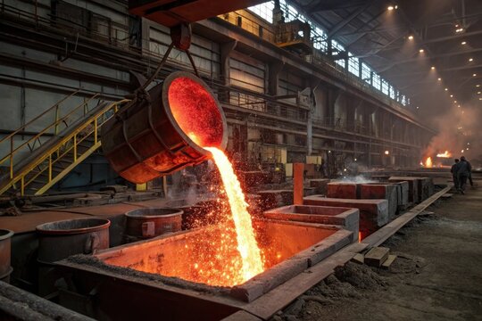 Molten metal pouring from a furnace in a steel manufacturing plant, creating a vibrant orange glow.