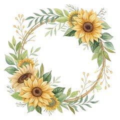 A beautiful watercolor wreath featuring sunflowers and greenery, perfect for seasonal decor and invitations.