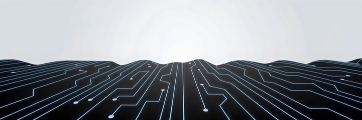 Minimalistic neon circuit lines flowing like a river on a clean white background