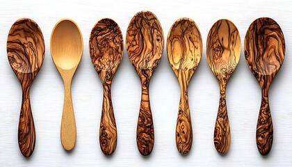 Wooden Spoons for Olive Wood, Flatlay, White.