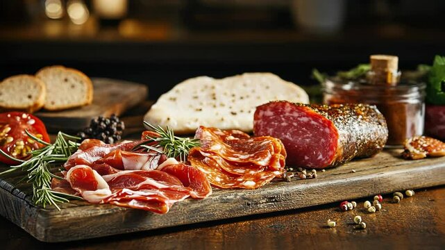 Charcuterie platter featuring assorted meats and fresh herbs arranged on a wooden board
