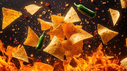 Captivating fire scene featuring tortilla chips and spicy jalapeno peppers for an inviting culinary experience