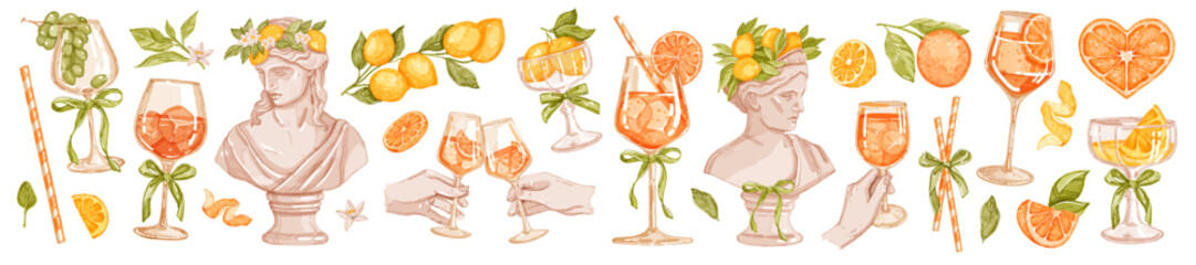 Aperol cocktail set, vector watercolor alcohol drinks print Italian summer lemon, hand with glass. Fresh beverages bar illustration ancient sculpture citrus fruit wedding design. Aperol cocktail party © Oleksandra