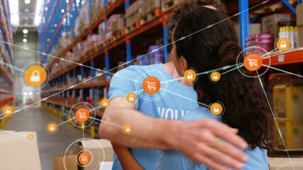 In warehouse, volunteers organizing goods with digital animation of network icons - Powered by Adobe