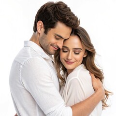Obraz premium A joyful couple sharing an intimate moment, radiating love and happiness in a bright and clean background.