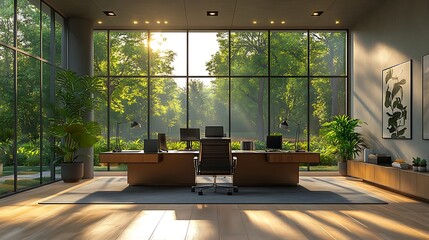 High-end corporate office overlooking city landscape high resolution image