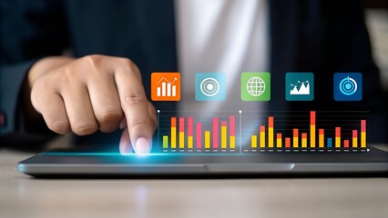 Computer and dashboard for data business analysis and Data Management System with KPI and database for technology finance, operations, sales, digital marketing
