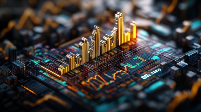 A complex 3D cityscape structure integrates a rising stock market graph onto a circuit board, illustrating finance's technological evolution vividly