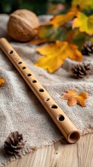 A light beige bamboo flute rests on a textured fabric, surrounded by autumnal leaves and nuts