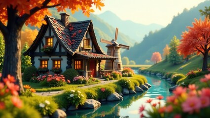 Fototapeta premium Autumnal Cottage by the River, Idyllic Rural Scene with Windmill, Peaceful Landscape Featuring Vibrant Fall Foliage and Flowers