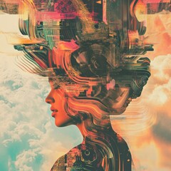 Vivid silhouette of a woman merged with abstract digital elements against a cloud-filled sky