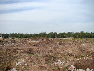 Outdoor scene with excavation, uneven ground, piles of soil and debris, construction or landscaping work, mounds of dirt and rocks, overcast sky, line of trees, patches of grass