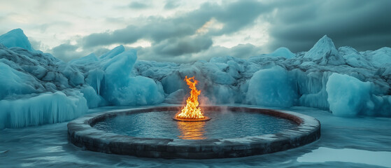 A surreal icy landscape where the cold blue icebergs form a stark backdrop to a fierce fire burning in the center of a circular pool.