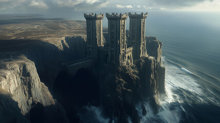A towering castle with four symmetrical towers rises from the edge of cliffs, where dark caves are carved into the rock.