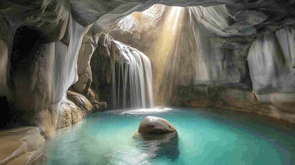 A tranquil cave interior featuring a deep turquoise pool and a rushing waterfall, surrounded by elegant whitish-gray rock formations.