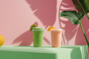 Tropical smoothies: refreshing kiwi and orange drinks with vibrant shadows and foliage