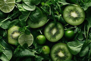 Fresh kiwi lime and leafy greens arrangement for healthy eating concepts