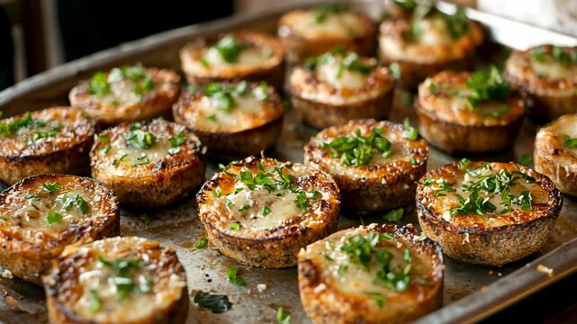 Deliciously baked stuffed mushrooms topped with herbs served on a rustic tray in a cozy kitchen setting