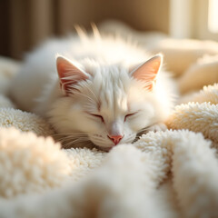 Obraz premium Fluffy White Cat Napping on a Soft Blanket with a Peaceful Expression