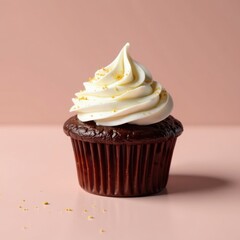 A single serving of rich chocolate cupcake adorned with fluffy whipped cream and edible gold dust on a minimalist light-colored background, whipped cream topping, golden accents
