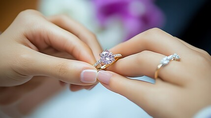 Woman's hands delicately placing a diamond ring on another finger.