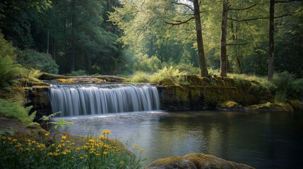 A tranquil forest setting featuring a stunning small waterfall tumbling over rugged, moss-covered rocks into a serene, clear pool.