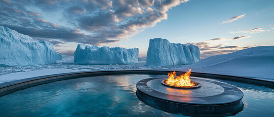 A tranquil yet chaotic scene with massive icebergs looming in the background, their cold blue hues contrasting sharply with the fire burning in a circular pool at the forefront.