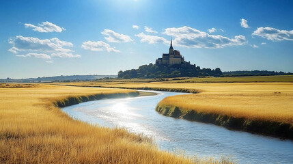 A vast golden grassland bathed in warm sunlight stretches endlessly beneath a clear blue sky, dotted with fluffy white clouds.