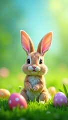 Fototapeta premium Bunny ears with colorful eggs in a green meadow, spring, grass