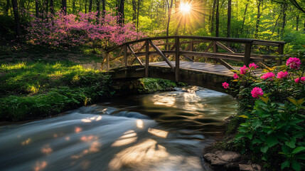 A wooden footbridge nestled within a sunlit forest, spanning a calm, meandering stream.