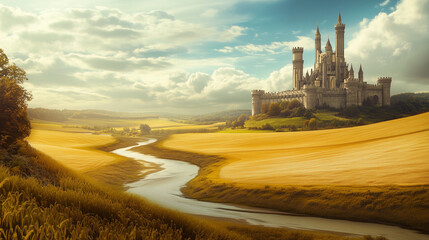An enchanting, high-detail fantasy landscape where golden fields meet a sky painted in soft blues and whites.
