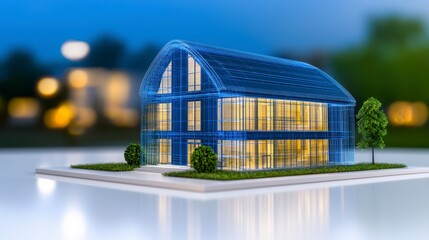 Illuminated Modern House Model at Dusk with LED Lights and Lush Greenery