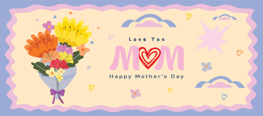 Mother's Day greeting card and spring set featuring the cutest covers, banners, and posters for the spring holiday—adorned with wildflowers, daisies, and tulip bouquets. Perfect for floral-themed art 