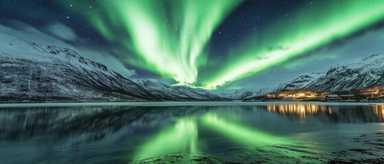 An ethereal landscape where the Aurora Borealis dances gracefully across the sky, its neon-green light pulsating above a vast, still lake.