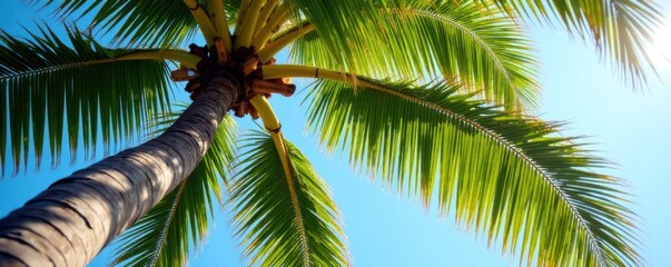 Coconut tree with thick brown trunk and feathery green leaves, tropical, coconut tree