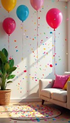 Colorful confetti celebration in a modern living room background with balloons and streamers, celebration, streamers, festive atmosphere