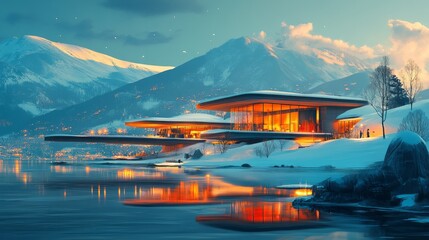 Luxurious modern home on a snowy hillside overlooking a lake