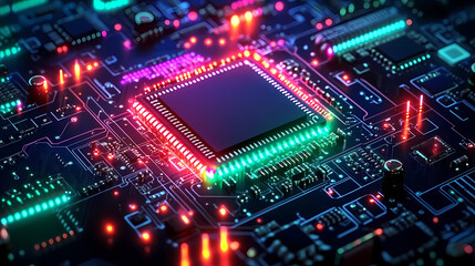 Obraz premium Colorful Glowing Circuit Board with Black Chip