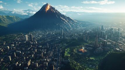 An ultra-detailed aerial composition showcasing a breathtaking volcano dominating the skyline above a densely populated city.