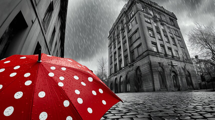Black and white photograph of a tall building with a cobblestone street leading toward it, a red umbrella with white dots in the foreground.