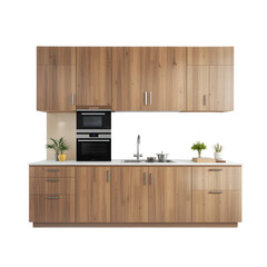 "Modern Wooden Kitchen Cabinets with Built-in Appliances – Minimalist Design" transparent background png generated ai