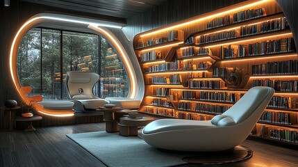 Fototapeta premium Modern reading nook with warm lighting and shelves