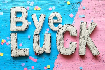 Rustic Wooden Letters Bye Luck with Confetti Background
